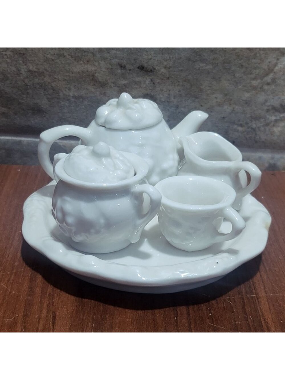 Vintage Miniature White Porcelain Tea Set 5 Pc Fruit Embossed Dollhouse Toy